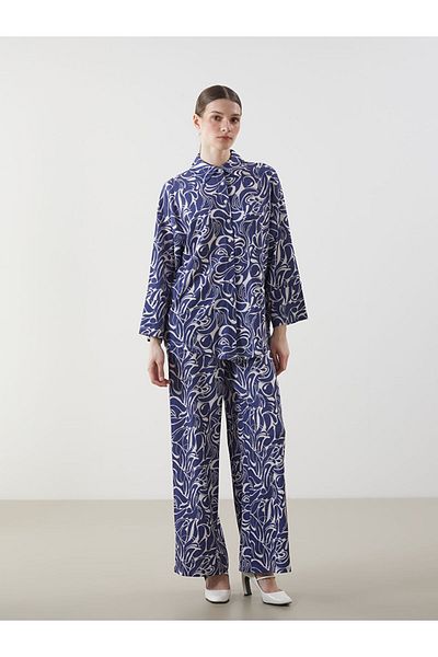 LC Waikiki Lcw Modest Navy Elastic Waist Pattern Wide Leg Women's Trousers