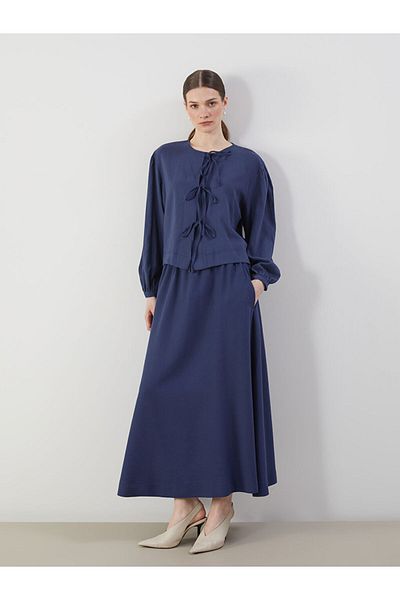 LC Waikiki Lcw Modest Navy Blue Elastic Waist Linen Blended Skirt