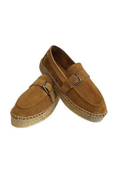 TUFAN SHOES Taba Hakiki Süet Hasır Taban Tokalı Loafer