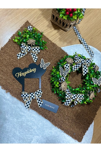 Marrone Kapı Süsü Kapı Çelengi 3'lü takım Priz Çerçevesi Kapı Önü Paspas Şimşir Çiçek