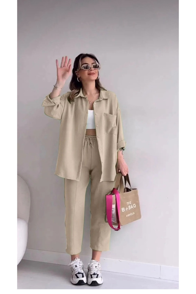 ZF BUTİK Women's Beige Double Linen Shirt, Top and Bottom Set with Trousers