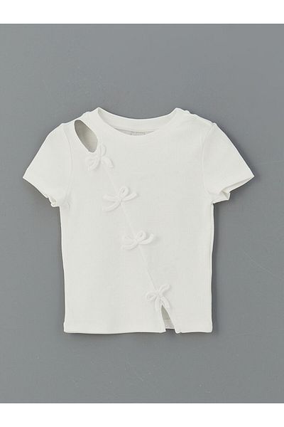 LC Waikiki Lcw Kids Ecru Crew Neck Bow Detailed Girls T-Shirt