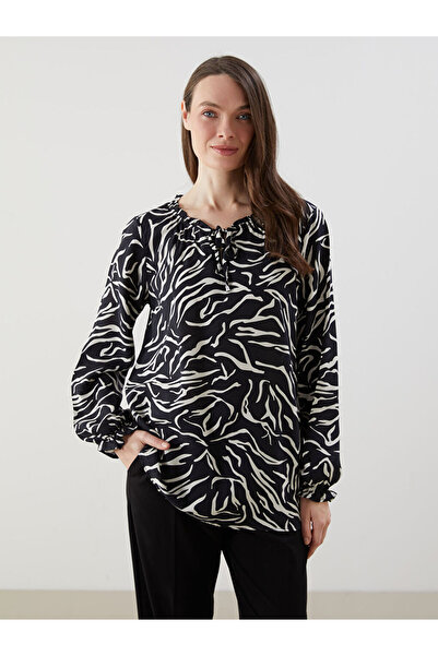 LC Waikiki Bluză neagră pentru femei cu guler cu modele