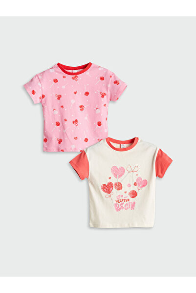 LC Waikiki Lcw Kids Ecru Crew Neck Printed Girls' T-Shirt 2-Piece