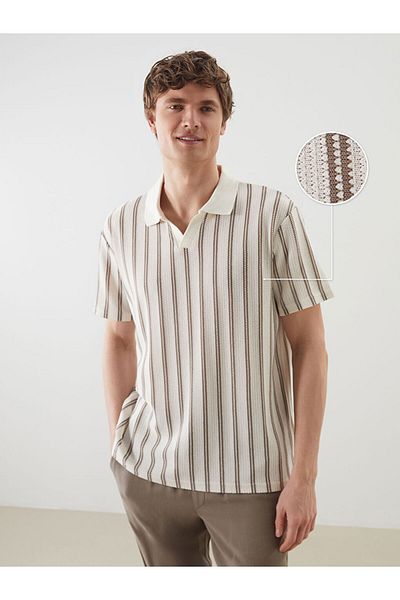 LC Waikiki Ανδρικό μπλουζάκι με υφή LCW Vision Beige Polo με ριγέ γιακά