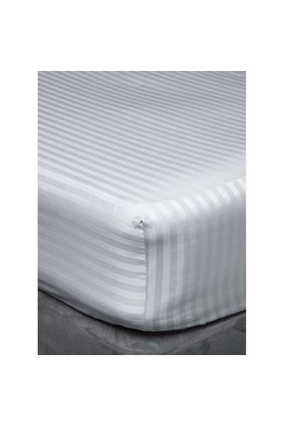 Kotonia Home Elastic Bed Cover Damask Satin With 1cm Wide Stripes, 100% Cotton, White, 180x200 25 Cm