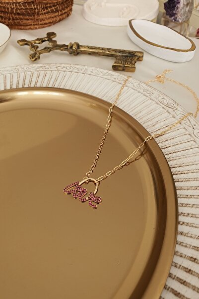 Trendy Butik Kırmızı Zirkon Taşlı Love Yazılı Kolye