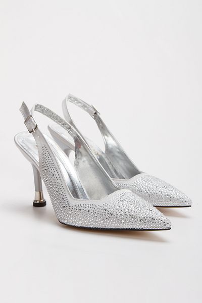 MFT AYAKKABI Women's Stone Embroidered Evening Dress Shoes Silver