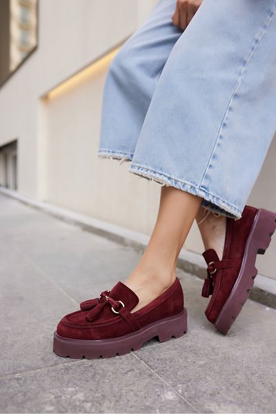 ANGELİNA JONES Gray Women's Burgundy Real Suet Tassel Detail Eva Sole Loafer Shoes