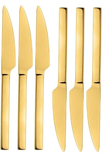 Kitchen Design Lab Parlak Gold Pasta Ve Tatlı Bıçağı Seti, Paslanmaz Çelik Kahvaltı Bıçak Seti 6 Adet, Kutulu