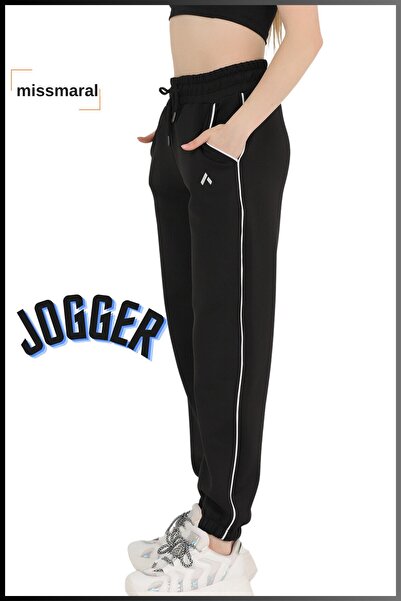 missmaral Kadın Jogger Eşofman Takım Siyah Beyaz Kapüşonlu Üst Lastikli Paça Cepli Jogger Scuba Alt 3070
