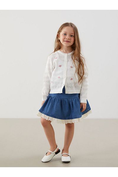 LC Waikiki Lcw Kids Ecru Crew Neck Lace Girl's Knitwear Cardigan