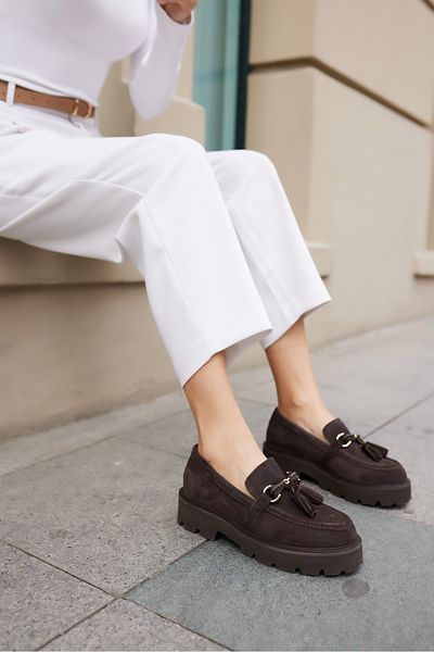 ANGELİNA JONES Gray Women's Brown Real Suede Tassel Detail Eva Sole Loafer Shoes
