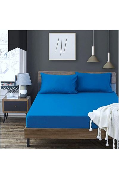 Kotonia Home Bed Cover With Elastic - Knit, 100% Cotton, Blue, 180x200 20 Cm