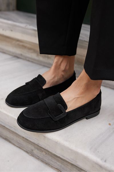 ANGELİNA JONES Tiny Women's Black Real Suet Loafer Shoes