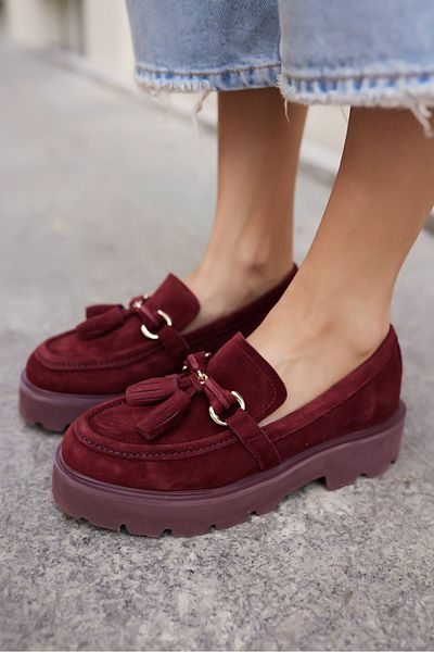 ANGELİNA JONES Gray Women's Burgundy Real Suet Tassel Detail Eva Sole Loafer Shoes