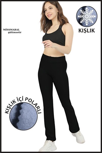 missmaral Kadın Siyah Bol Paça Kışlık Tayt Içi Polarlı Yüksek Bel Toparlayıcı Tam Boy Dalgıç Kumaş 1052