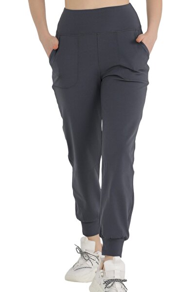 missmaral Women's Curve Tracksuit Bottom Anthracite Jogger Diving Fabric High Waist Double Pocket Joggers 1061