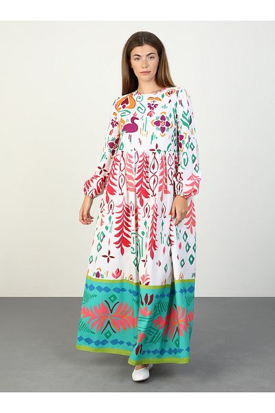Benin Green Patterned Ethnic Hijab Dress - Natural Fabric Benin