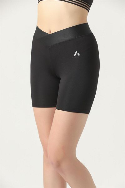 missmaral Mini pantaloni scurti sport negri de damă, jambiere de recuperare, producție specială, centură încrucișată, detaliată 1081