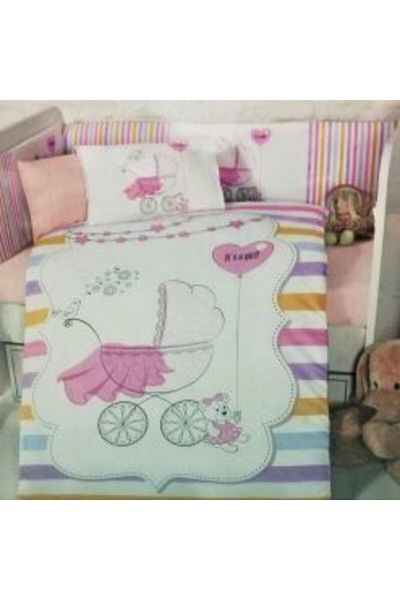 Kotonia Home Complete 8 Piece Baby Crib Set - Pink, 100% Cotton With Sponge Crib Protectors