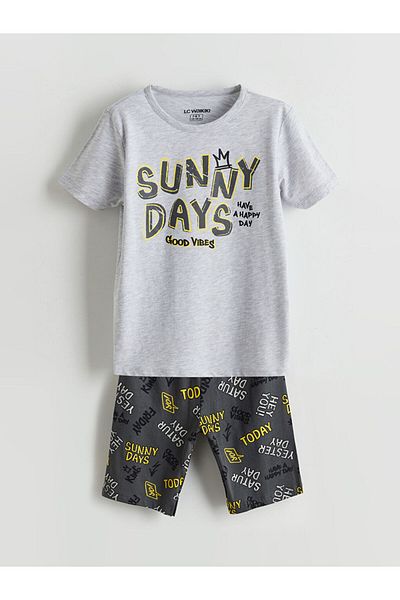 LC Waikiki Lcw Kids Gray Crew Neck Boy's Pajamas Set with Shorts