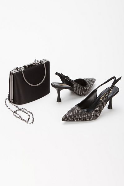 MFT AYAKKABI Women's Stone Embroidered Evening Dress Shoes and Bag Set Black