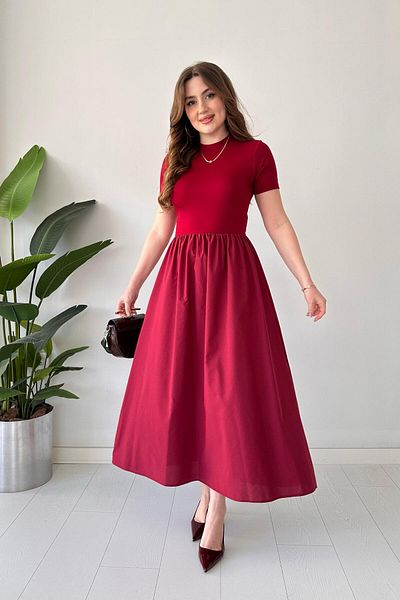 MaziButik Short Sleeve Skirt - Poplin Dress (Burgundy)