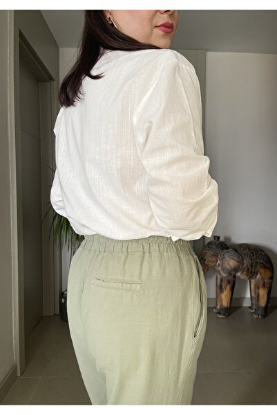 Butik Elastic Waist Pleated Carrot Model Ankle Length Cotton Linen Soft Textured Slim Pants