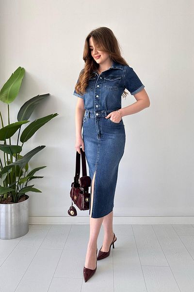 MaziButik Rochie albastră din denim cu fante