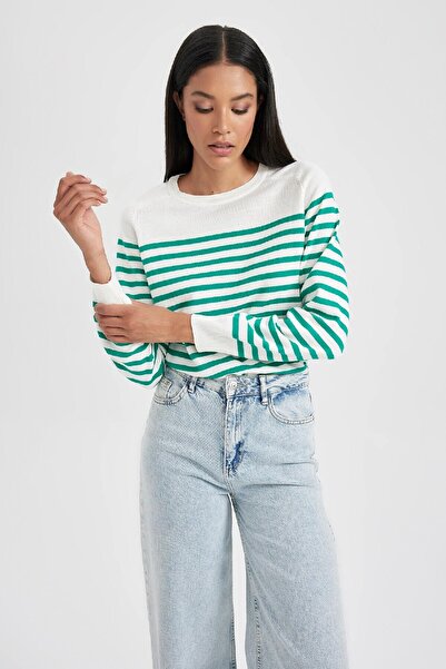 DeFacto Pulover din tricot moale cu dungi cu guler rotund - Regular Fit Z1317az23wn