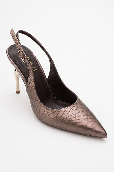 LuviShoes Chi̇ca Bronze Patterned Open Back Pointed Toe Women's Heeled Shoes