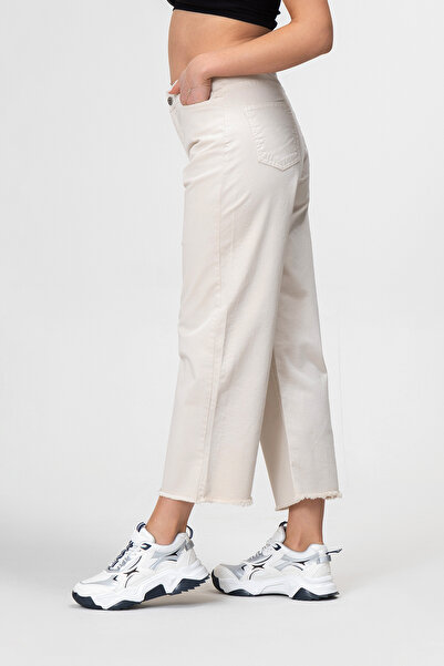 Bold & Young Women's Wide Leg Five Pocket Leg Fringed Lycra Cotton Trousers