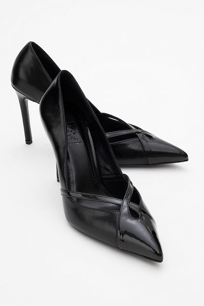 LuviShoes حذاء RUBY جلد أسود لامع بكعب عالٍ للنساء