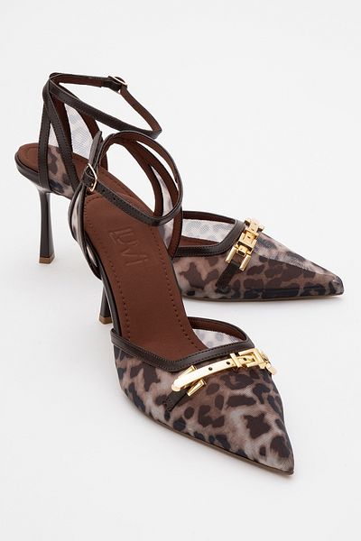 LuviShoes Кафяви дамски обувки с ток с каишка на глезена и шарена мрежеста катарама GIORNO