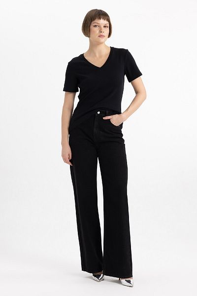 DeFacto Tričko Slim Fit Rib s výstřihem do V – 100% bavlna, krátký rukáv I1080Az24Sm