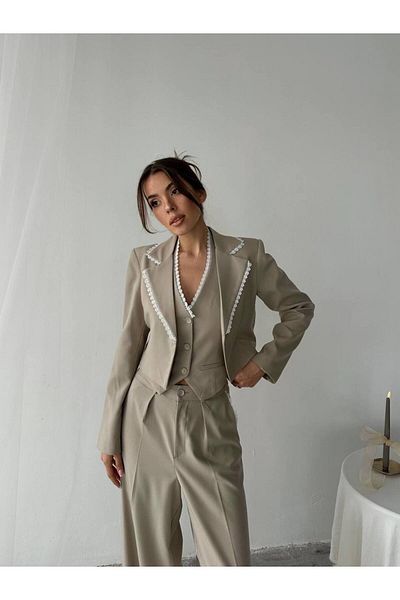 ENZOI Cream Lace Detailed Jacket Vest Palazzo Trousers 3 Piece Suit