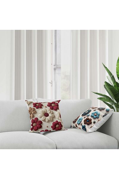 Şah Dekor Model de broderie cu perforare Imprimare digitală Motiv floral Roșu Albastru Tema de toamnă Pernă din 2 piese - Husă de pernă