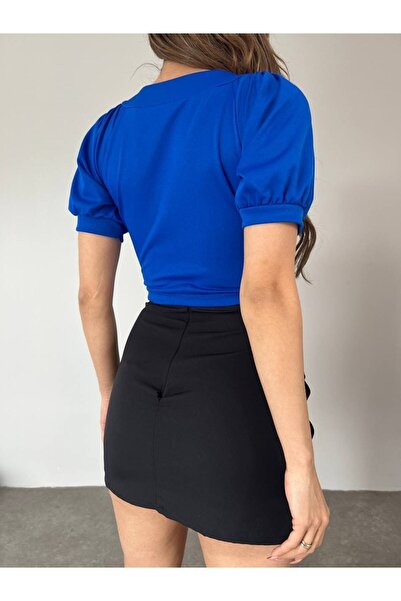 hiraz fashion بلوزة نسائية باللون الأزرق بأكمام بالون ورقبة على شكل حرف V