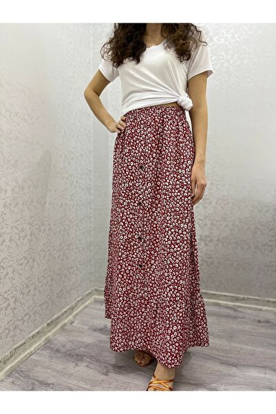 520CK Women's Floral Patterned Viscose Elastic Waist - Buttoned Front Long Skirt