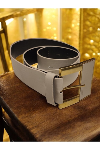 modayiğit Krem rengi deri Gold tokalı şık kemer