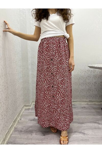 520CK Women's Floral Patterned Viscose Elastic Waist - Buttoned Front Long Skirt
