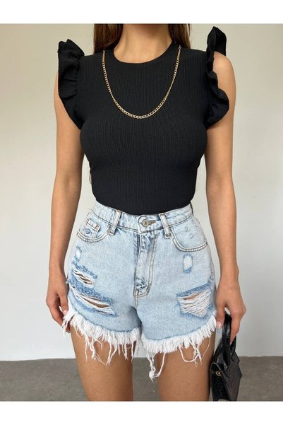 hiraz fashion Women's Black Ocean Fabric Chain Detail Handle Valon Crop