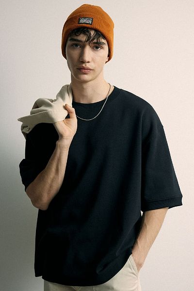 DeFacto Loose Fit Crew λαιμόκοψη κοντό μανίκι βαρύ ύφασμα Basic μασίφ μαύρο μπλουζάκι B4844ax24sp