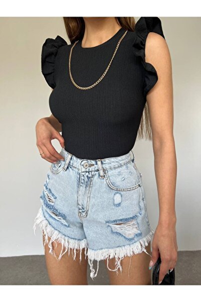 hiraz fashion Women's Black Ocean Fabric Chain Detail Handle Valon Crop
