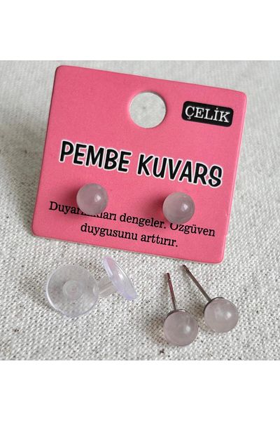 juleeco Pink Quartz Natural Stone Silver Steel Ball Earrings