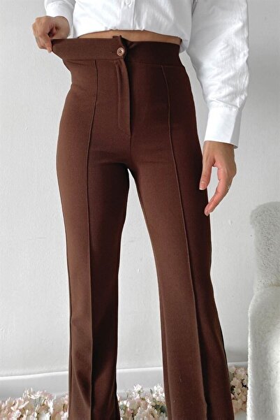 hiraz fashion Kadın Kahverengi Nervür Dikişli Toparlayıcı Yüksek Bel Likralı İspanyol Paça Pantolon