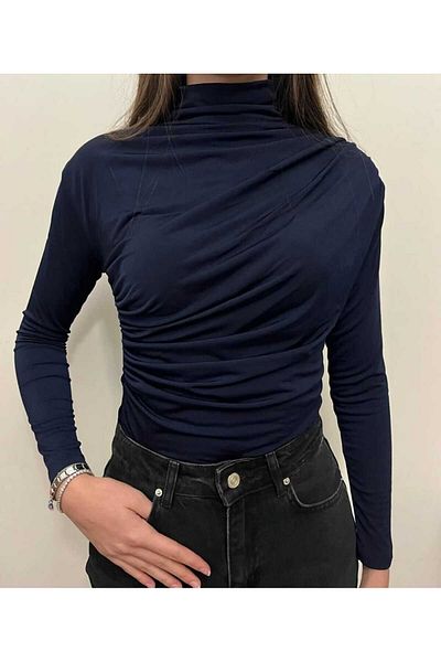 MODA VEDAT Дамска блуза с яка стойка и набръчкан детайл
