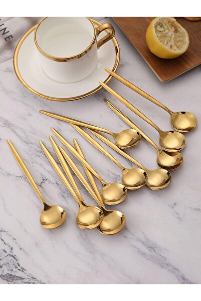 Meralles Parlak Gold Paslanmaz Çelik Çay Kaşığı & Tatlı Kaşığı 6 Adet Kaşık