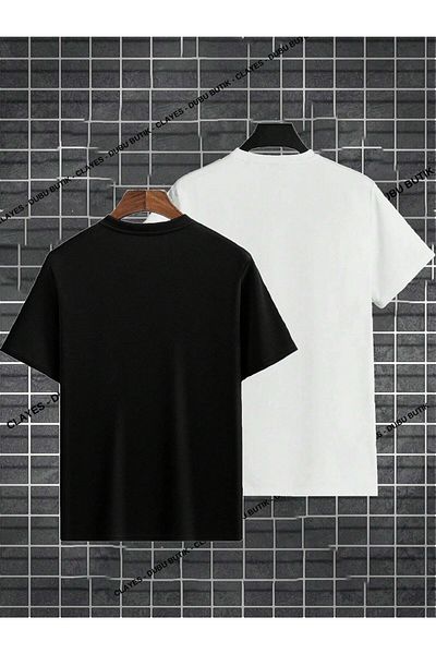 DUBU BUTİK Pack of 2 Paris T-shirt - Black and White Printed Oversize Crew Neck Short Sleeve T-Shirt